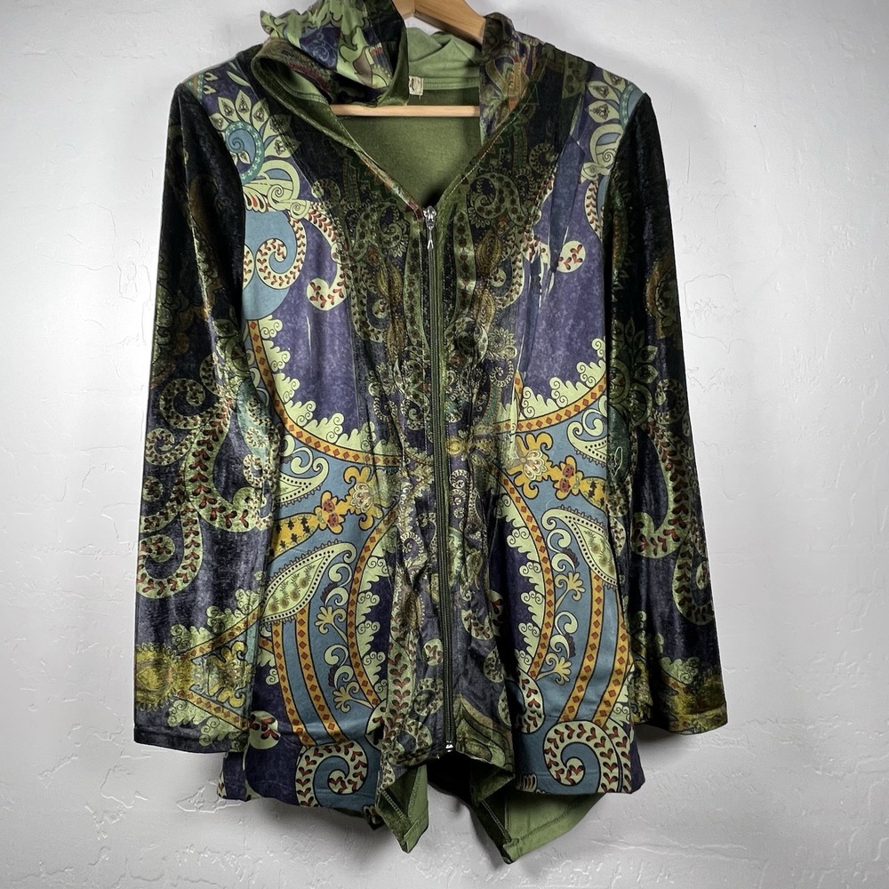 One World Live & Let Live Women's Sz S Hoodie Full Zip Velour Green Bohemian